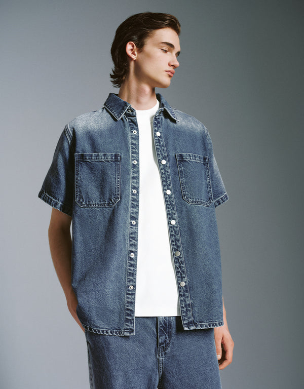 Press Button Straight Denim Shirt