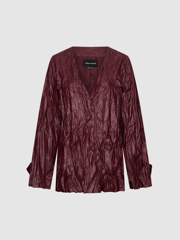 Vegan Leather V-Neck Pleated Jackets