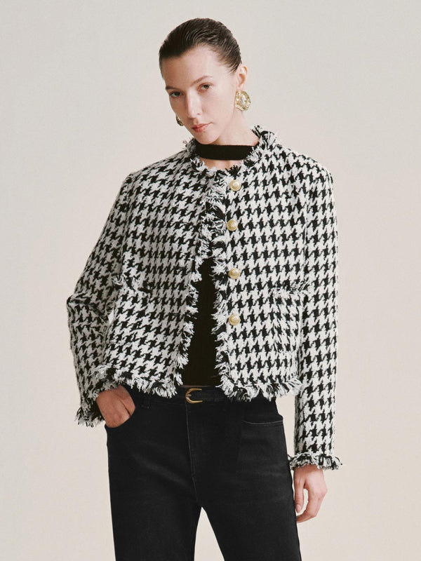 Houndstooth Raw Hem Tweed Jackets