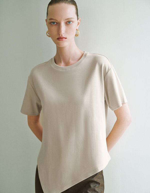 Asymmetric Hem Crew Neck Knitted T-Shirt