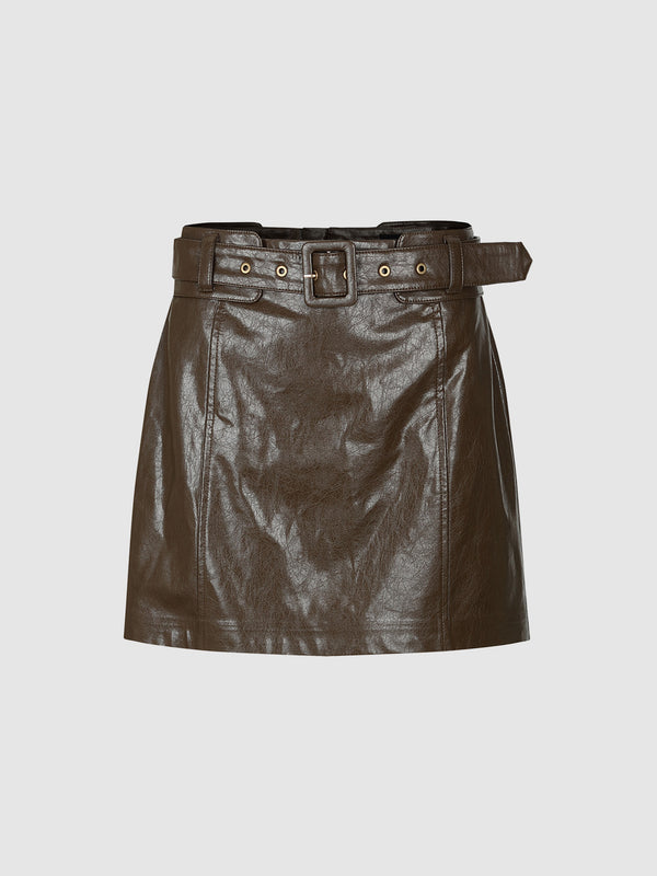 Vegan Leather Mini A-Line Skirt With Belt