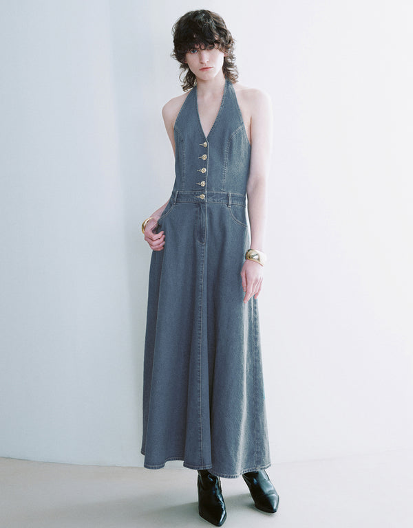 Halter Neck Sleeveless V-Neck Denim Dress