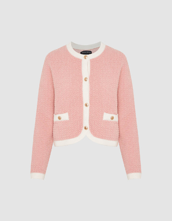 Textured Crew Neck Knitted Cardigan