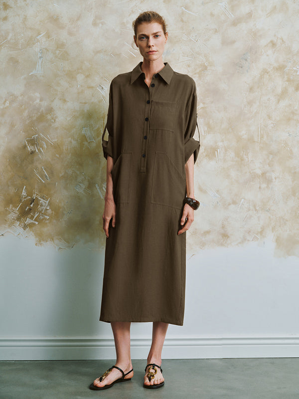 Button Half Placket Straight Dress