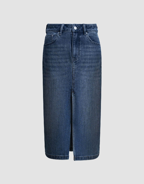 Split Hem Midi Straight Denim Skirt