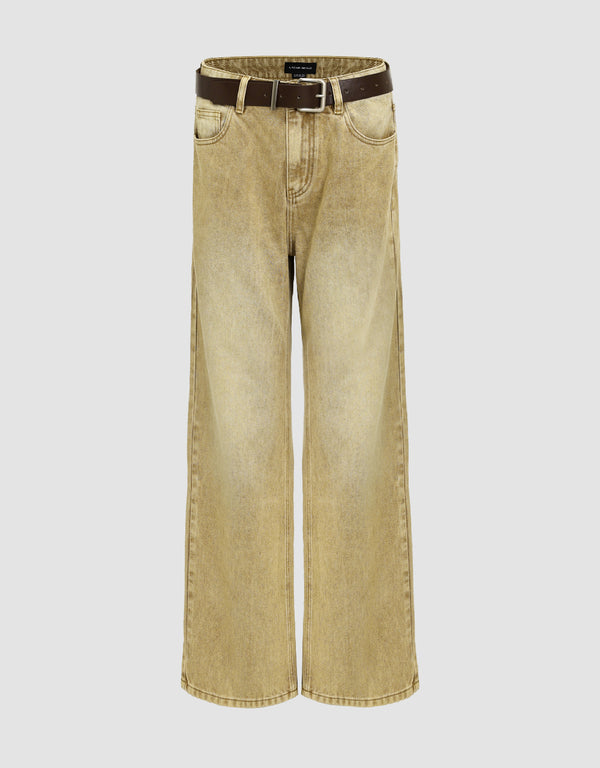 Raw Hem Wide-Leg Jeans With Belt