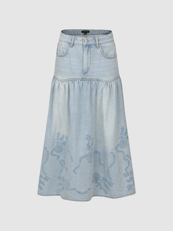 Embroidered Denim Midi Skirts