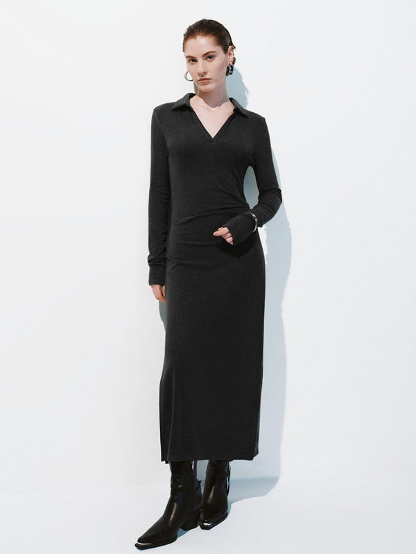 Collared Ruched Skinny Fit Maxi Dresses