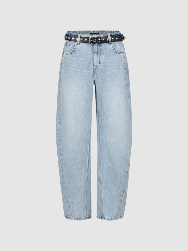 Belted Washed Barrel Leg Jeans