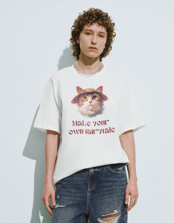 Cat Printed Crew Neck Loose T-Shirt