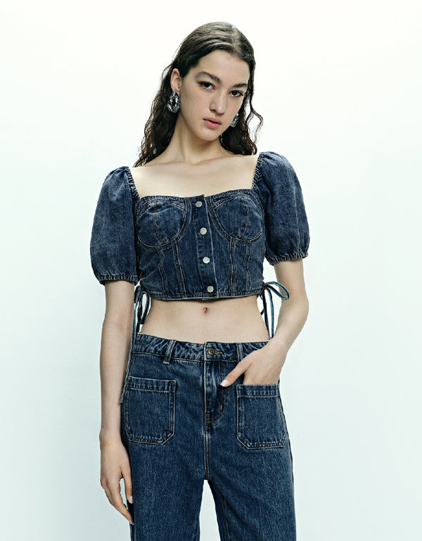 Square-cut Collar Denim Shirt