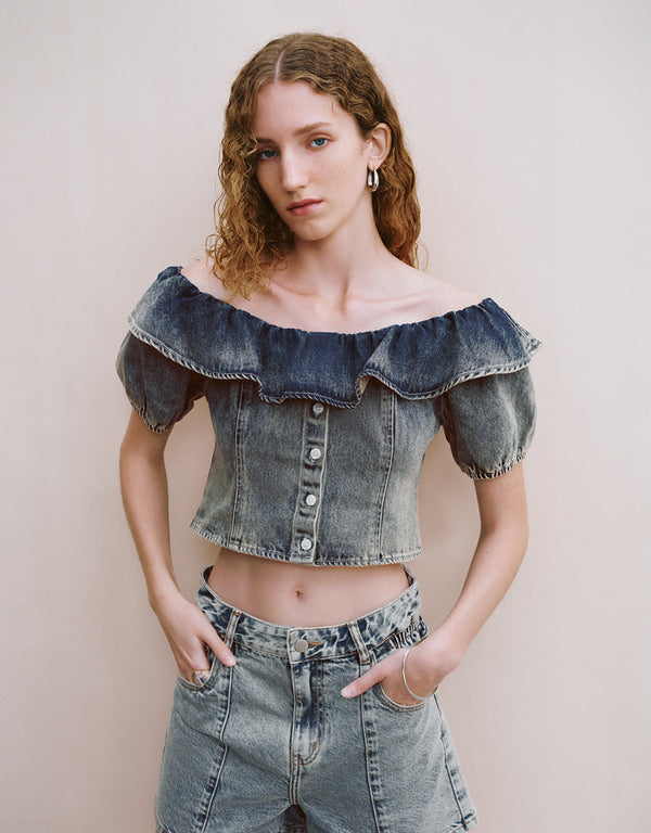 Ruffle U Neck Denim Shirt