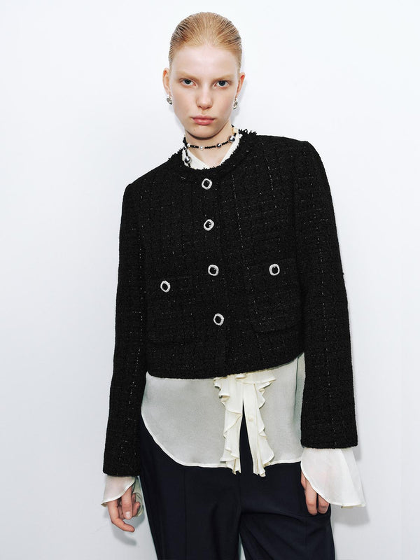 Button Up Crew Neck Tweed Jackets