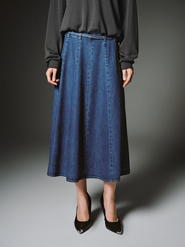 Pleated Denim Midi Skirts