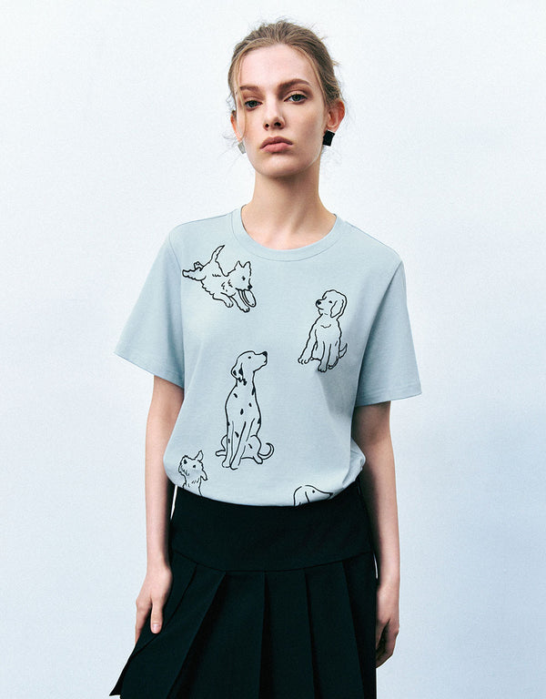 Dog Printed Crew Neck T-Shirt