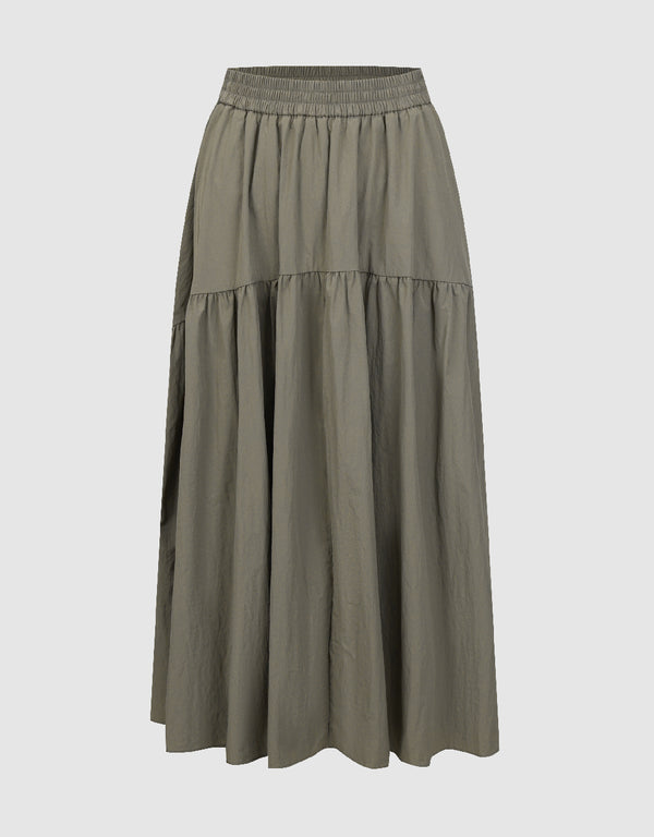 Elastic Waist Midi A-Line Skirt