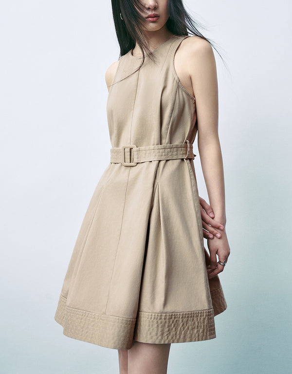 Sleeveless Crew Neck A-Line Dress With Belt