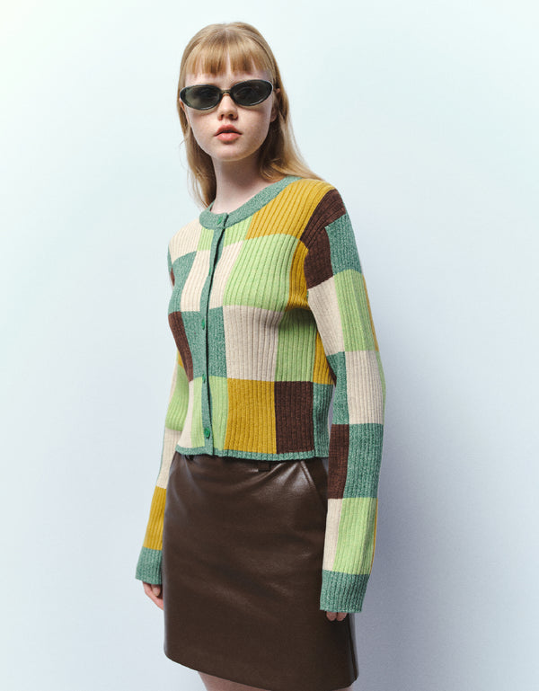 Colorblocks Crew Neck Knitted Cardigan