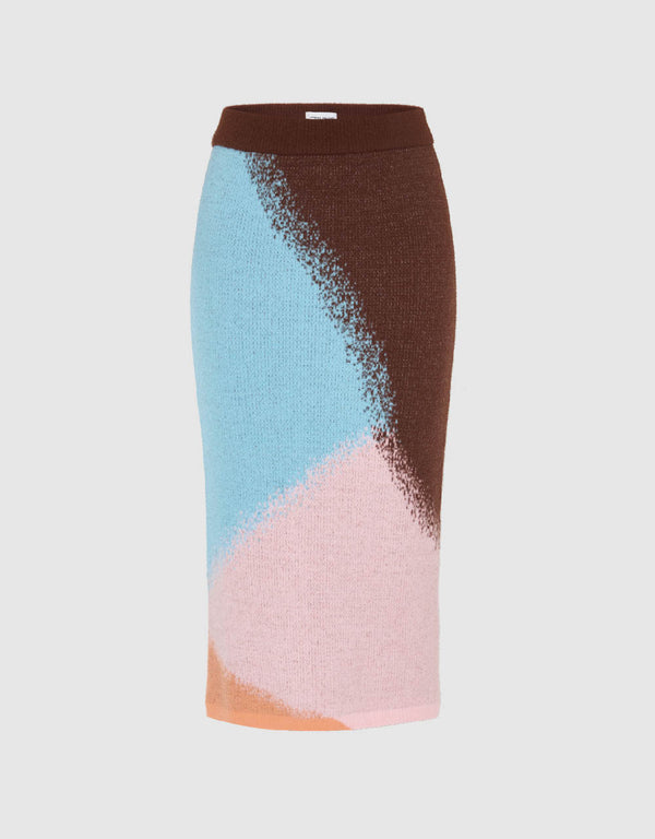 Color Blocks Straight Midi Knitted Skirt