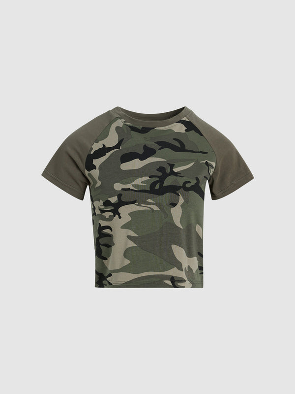 Camouflage Printed Crew Neck Skinny T-Shirt