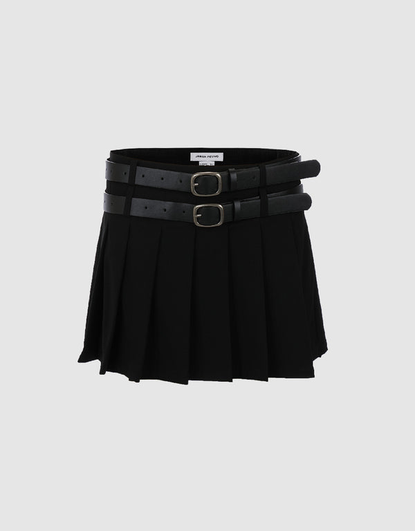 Pleated Mini A-Line Skirt With Belt