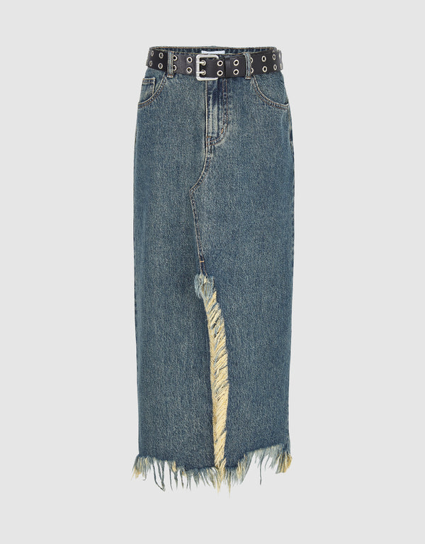 Raw Hem Straight Denim Skirt