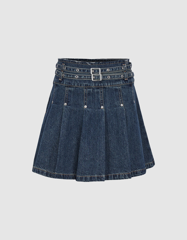 Pleated Mini A-Line Denim Skirt