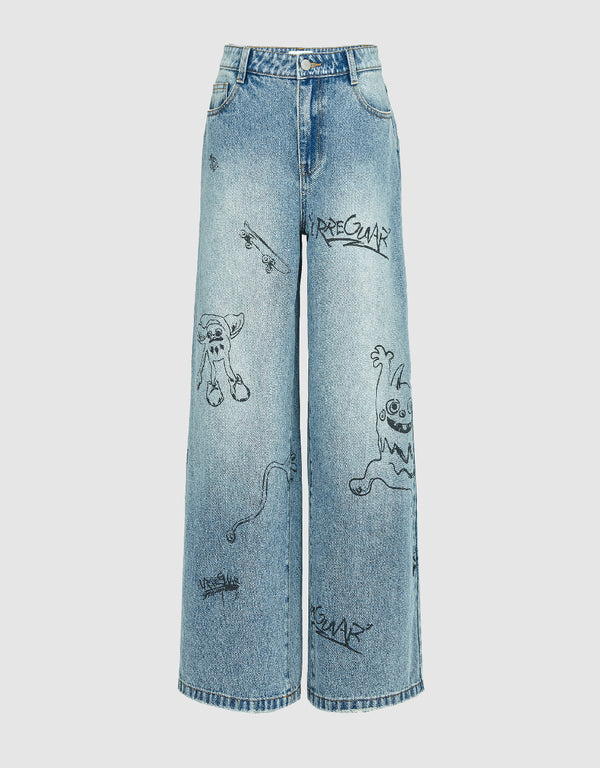 Cartoon Printed Wide-Leg Jeans