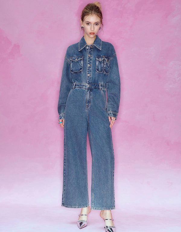 Drop Shoulder Sleeve Denim Jumpsuit