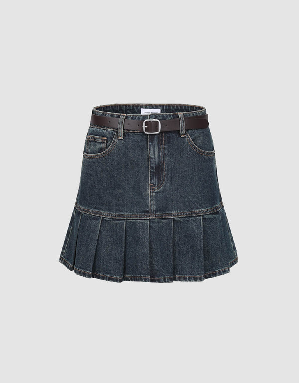 Pleated Mini A-Line Denim Skirt With Belt