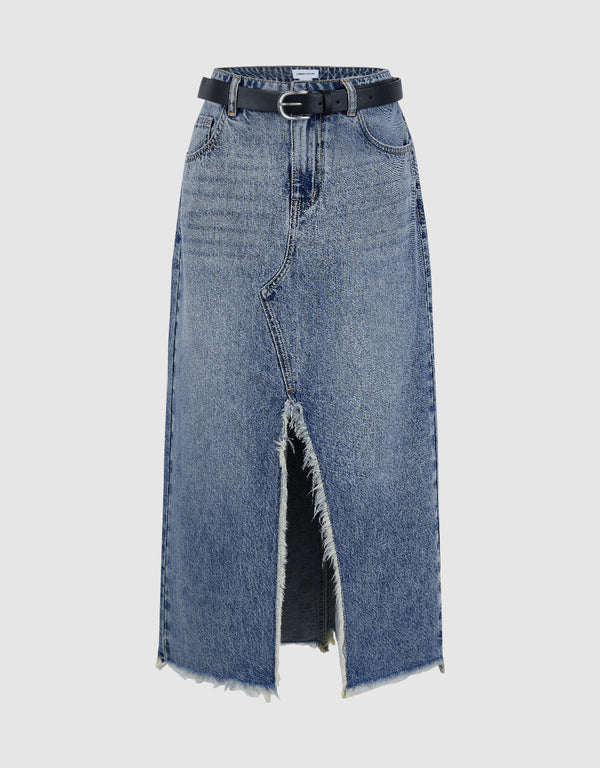 Split Raw Hem Straight Denim Skirt