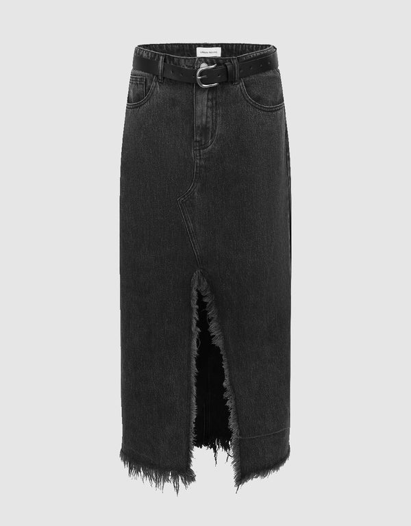 Split Raw Hem Straight Denim Skirt