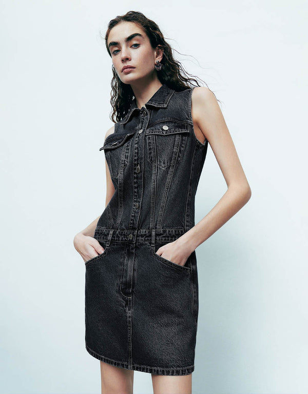 Sleeveless Lapel Denim Dress