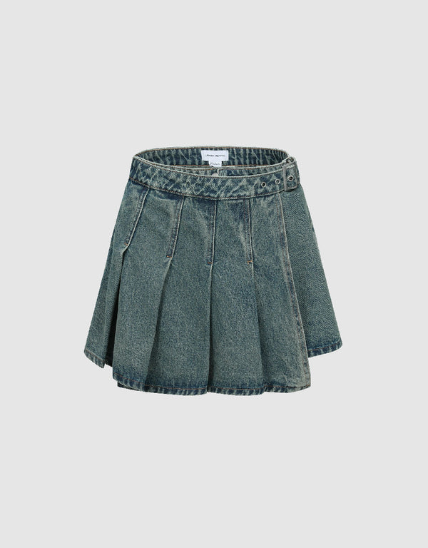 Pleated Mini Denim Shorts With Belt