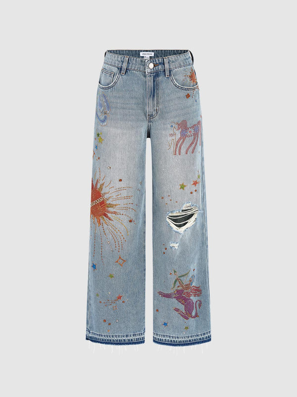 Printed Ripped Denim Jeans