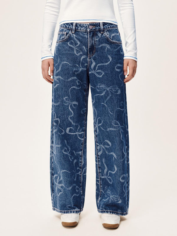 Bow Printed Wide Leg Jeans