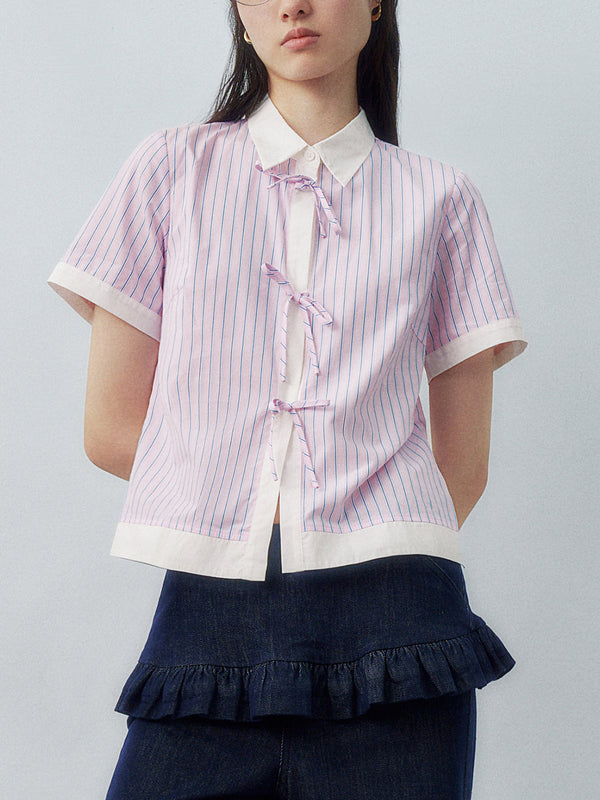 Lace-Up Striped Short Sleeve Shirts