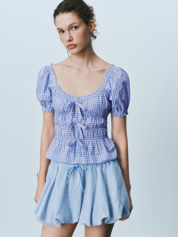 Plaid Shirred Bow Décor Blouses