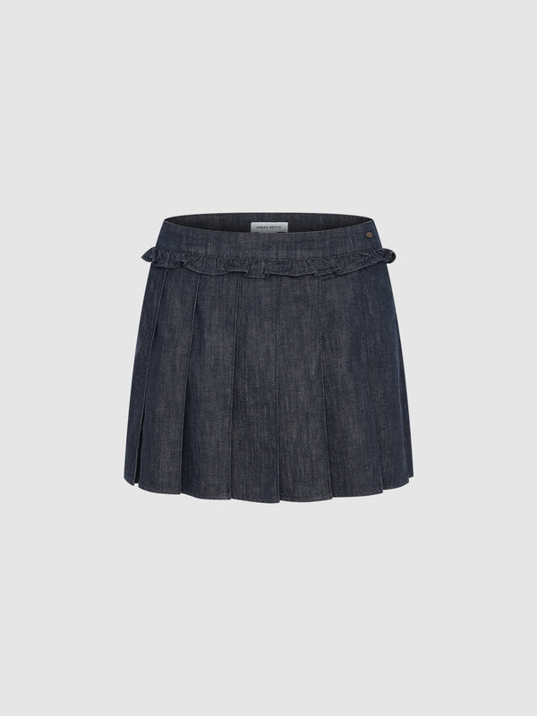 Pleated Mini Denim Skirt