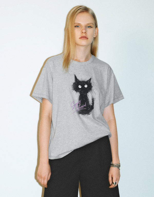 Cat Printed Crew Neck Straight T-Shirt