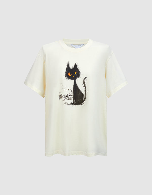 Cat Printed Crew Neck Straight T-Shirt