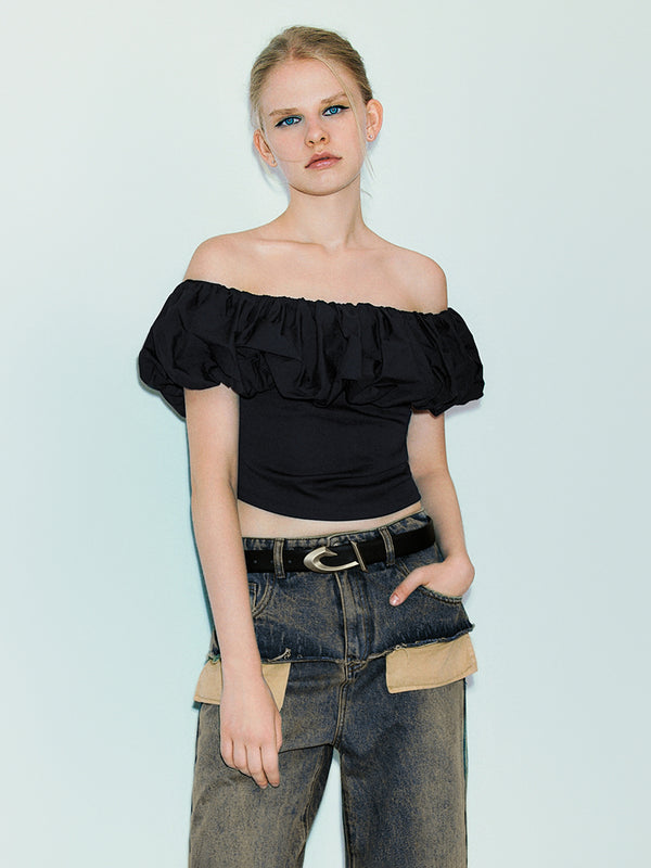 Ruffle Off-Shoulder Skinny T-Shirt