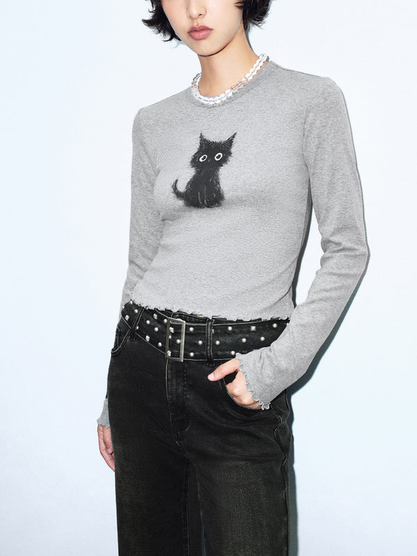 Cat Printed Crew Neck Skinny T-Shirt