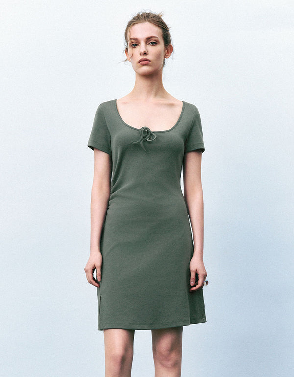 Tie Front Crew Neck  A-Line Dress