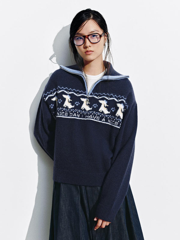 Intarsia Half Zip Long Sleeve Knitted T-Shirts